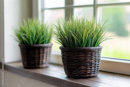 Wicker Baskets with Green Ornamental Grass on a Windowsill