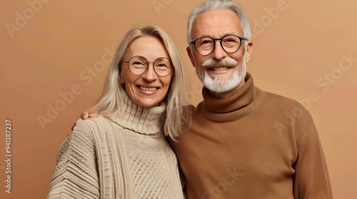 A smiling elderly couple poses together, showcasing warmth and companionship against a neutral background.