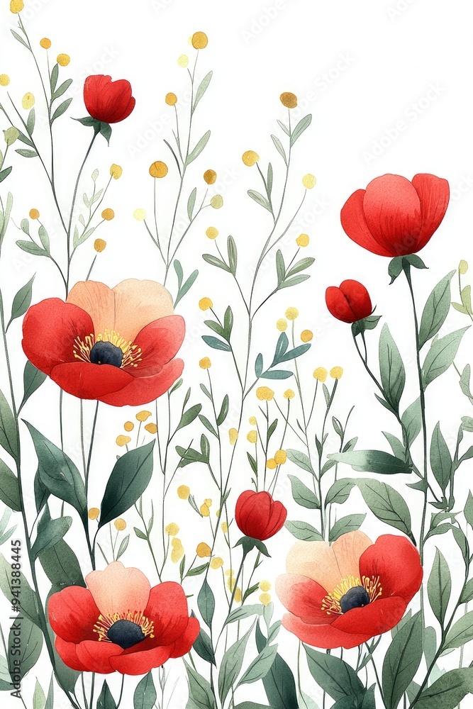 Watercolor Painting of Red Flowers in a Field Watercolor Painting of Red Flowers in a Field