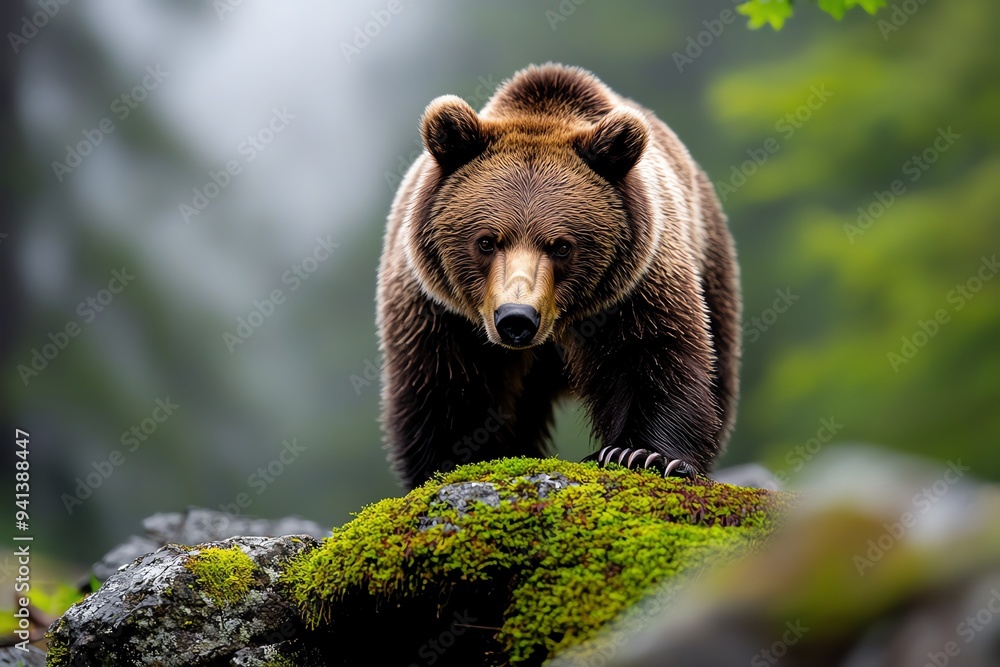 A bear wandering through a foggy forest in the early morning, with mist hanging low and the forest feeling mysterious and ancient A bear wandering through a foggy forest in the early morning, with mist hanging low and the forest feeling mysterious and ancient