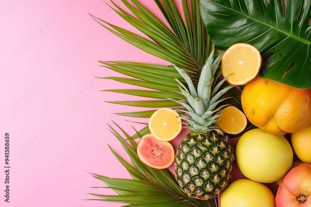 Tropical exotic citrus fruits halves and pineapple with palm leaves against pastel pink background, holiday summer concept with copy space. Tropical exotic citrus fruits halves and pineapple with palm leaves against pastel pink background, holiday summer concept with copy space.