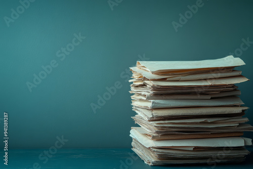 A pile of unsent diplomatic letters, isolated on a pastel gray background, symbolizing the breakdown of international relations,