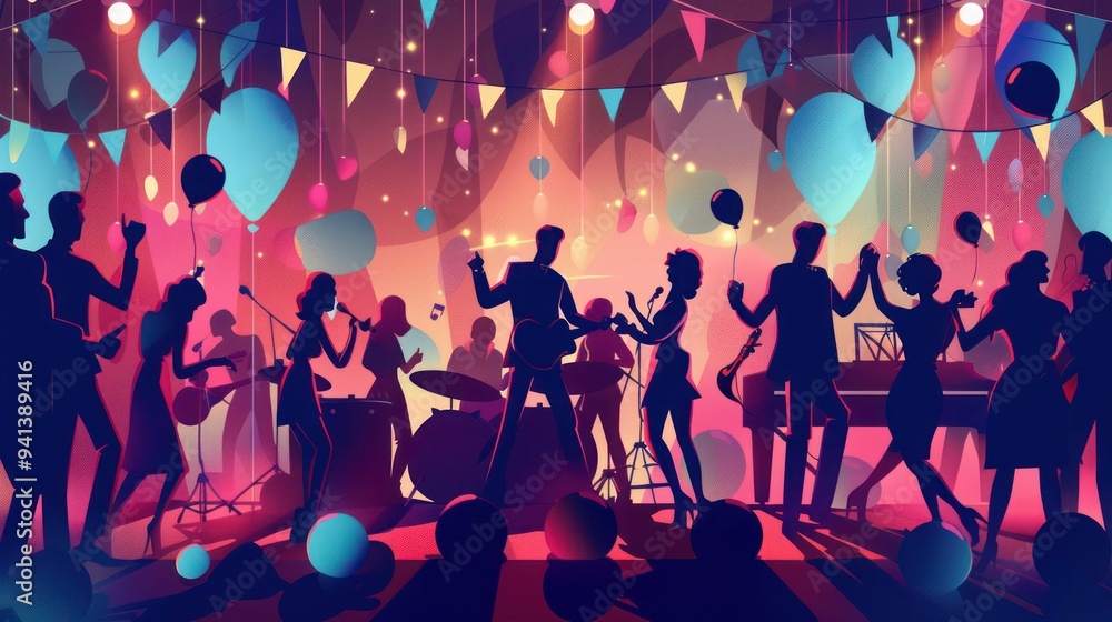 Illustration of a party scene with music and dancing. Illustration of a party scene with music and dancing.