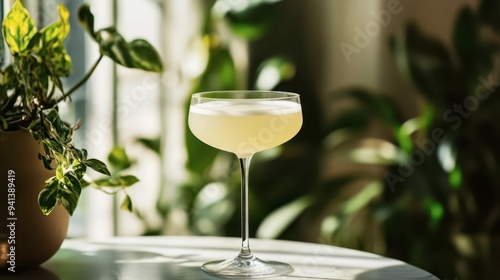 Elegant cocktail served on a white table in a sunlit indoor garden