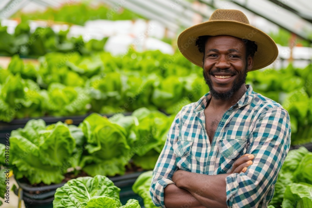 A person wearing a hat stands inside a greenhouse A person wearing a hat stands inside a greenhouse