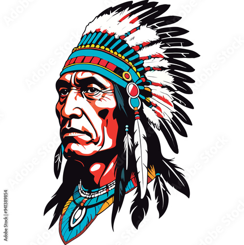 Vibrant illustration of a red indian male. Red indian man in draw with a white backdrop