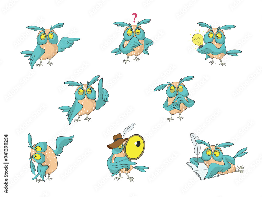 Obraz premium Cute Owl Funny Cartoon, different positions and expressions. Isolated Vector Set. Editable colors.