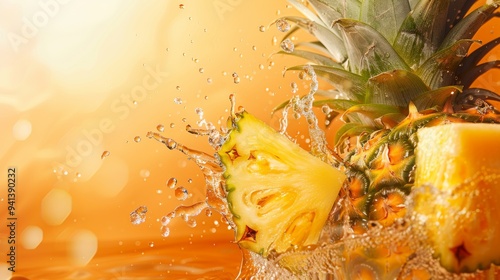 Vibrant image of fresh pineapple with juice splashing around, capturing the essence of freshness and the tropical flavor in a dynamic and appetizing way photo