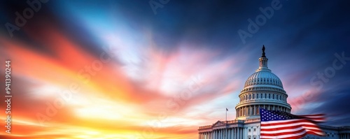 Wallpaper Mural A breathtaking sunset over the United States Capitol, featuring dramatic clouds and the American flag waving in the foreground. Torontodigital.ca