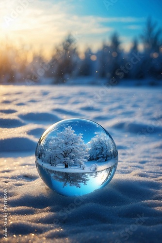 Christmas Decoration. New Year Bauble on Snowy Ground in a Magical Holiday Atmosphere