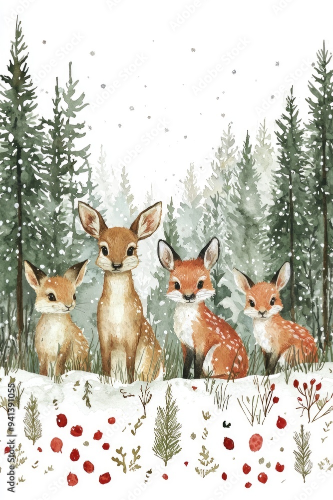 Fototapeta premium Cute Deer Family in Winter Wonderland