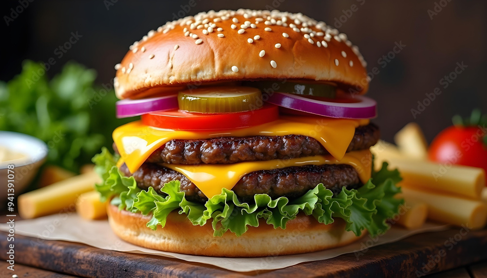 Double Cheeseburger with Toppings and French Fries on Wooden Cutting Board Double Cheeseburger with Toppings and French Fries on Wooden Cutting Board