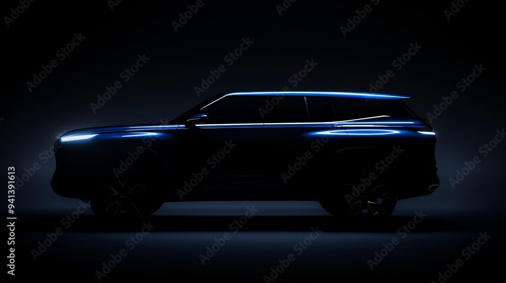 A silhouetted vehicle design highlighting modern contours and lighting features. A silhouetted vehicle design highlighting modern contours and lighting features.