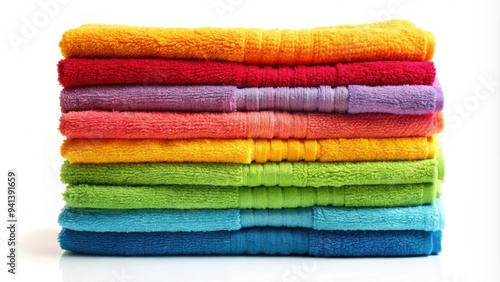 A neat stack of colorful towels on a white background, stack, towels, folded, colorful, soft, fluffy, bath, pile, laundry