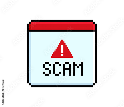 "SCAM" - message sign in retro 8-bit style game. Vintage video game style sign caution message window. Web3 technology notice interface message. Geek style pixel graphics window with SCAM text. Vector
