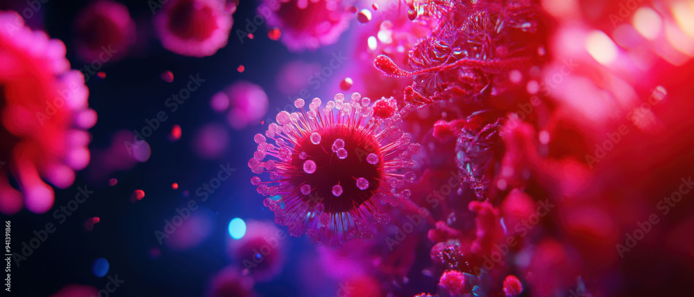 Close-up view of a viral structure illuminated in vibrant colors, showcasing its intricate design and microscopic details. Close-up view of a viral structure illuminated in vibrant colors, showcasing its intricate design and microscopic details.