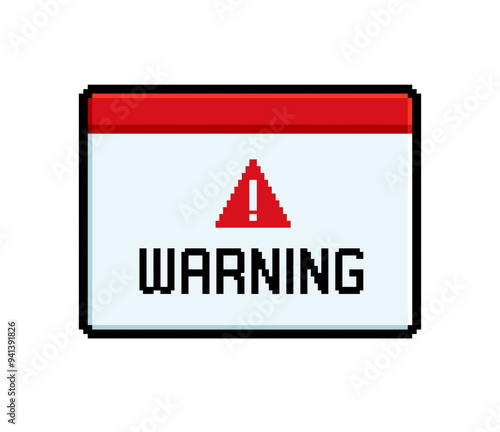 Warning - retro message window in 8-bit style game. Vintage video game style sign caution message. web3 technology notice interface message. Geek style pixel graphics window with Warning text. Vector