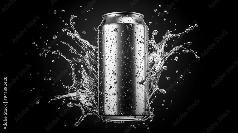 Dynamic black and white image of an energy drink can with dramatic water splashes, isolated on a dark background. Perfect mockup for showcasing product designs or promotional content, highlighting ene Dynamic black and white image of an energy drink can with dramatic water splashes, isolated on a dark background. Perfect mockup for showcasing product designs or promotional content, highlighting ene