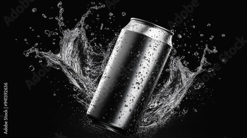 Dynamic black and white image of an energy drink can with dramatic water splashes, isolated on a dark background. Perfect mockup for showcasing product designs or promotional content, highlighting ene