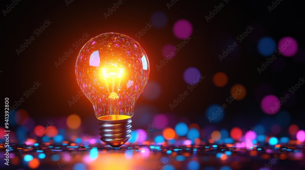 A glowing light bulb radiates warmth and brightness, surrounded by colorful, sparkling bokeh lights in a dark setting. A glowing light bulb radiates warmth and brightness, surrounded by colorful, sparkling bokeh lights in a dark setting.