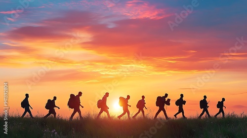 Silhouettes of people walking on a hill at sunset.