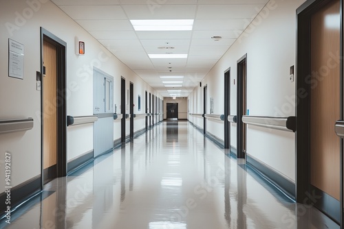 A long, empty hospital corridor with white walls, closed doors, and a shiny floor.