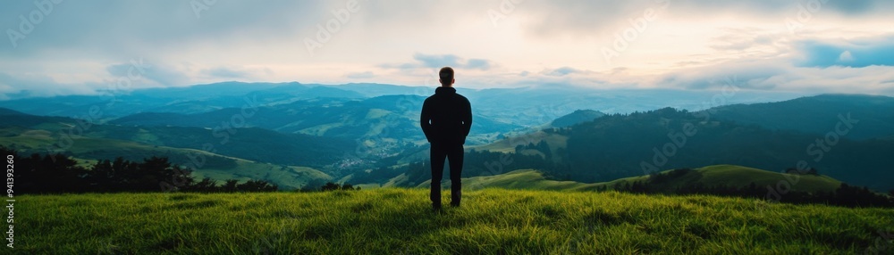 A solitary figure stands on a hilltop, gazing at a breathtaking landscape under a dramatic sky, capturing the essence of nature's beauty. A solitary figure stands on a hilltop, gazing at a breathtaking landscape under a dramatic sky, capturing the essence of nature's beauty.