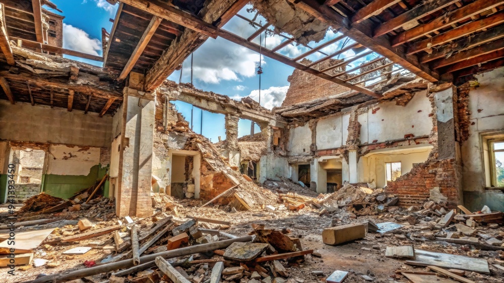 Destroyed building with collapsed walls and ceiling , ruins, debris, destruction, abandoned, decay, disaster, broken, rubble Destroyed building with collapsed walls and ceiling , ruins, debris, destruction, abandoned, decay, disaster, broken, rubble