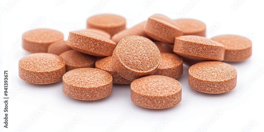 Close-up of brown round pills on a white background. Close-up of brown round pills on a white background.