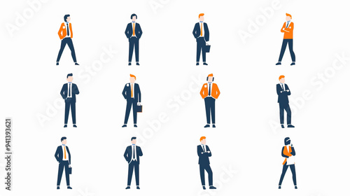 The image presents various stylized business characters in suits, each striking confident and casual poses. The vibrant and illustrative art style captures corporate confidence.