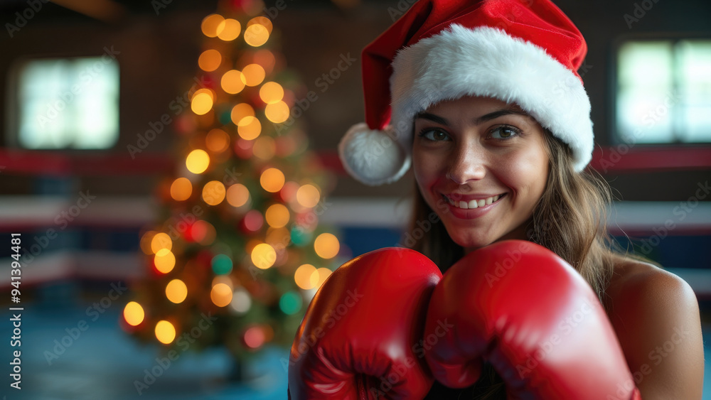A gleeful young woman, donning a Santa hat and red boxing gloves, poses by a lit Christmas tree, showcasing holiday joy and vibrant festive spirit within a decorated boxing ring. A gleeful young woman, donning a Santa hat and red boxing gloves, poses by a lit Christmas tree, showcasing holiday joy and vibrant festive spirit within a decorated boxing ring.