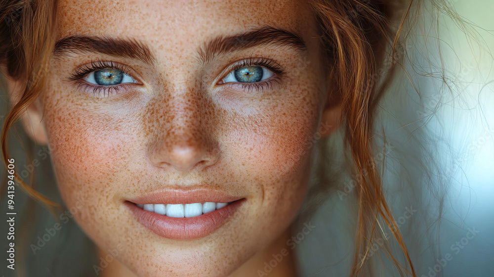 A close-up of a freckled woman with auburn hair smiling warmly in soft natural indoor light. Her strong eye contact and natural beauty create an inviting and cheerful ambiance. A close-up of a freckled woman with auburn hair smiling warmly in soft natural indoor light. Her strong eye contact and natural beauty create an inviting and cheerful ambiance.