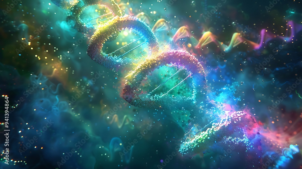 Radiant DNA Helix Surrounded by Healing Light and Vibrant Energy Particles Radiant DNA Helix Surrounded by Healing Light and Vibrant Energy Particles
