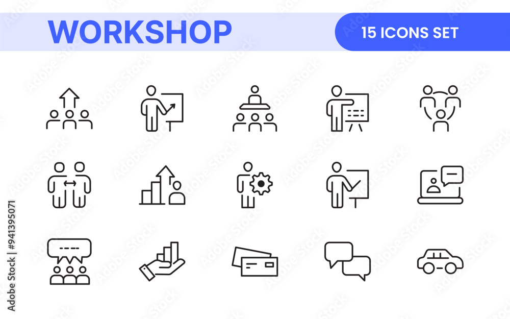 Set of Workshop and Coaching line icons. Outline icon collection related to training, coaching, mentoring, education, meetings, conferences, and teamwork. Set of Workshop and Coaching line icons. Outline icon collection related to training, coaching, mentoring, education, meetings, conferences, and teamwork.