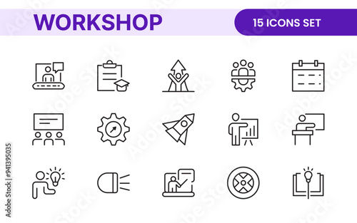 Set of Workshop and Coaching line icons. Outline icon collection related to training, coaching, mentoring, education, meetings, conferences, and teamwork.