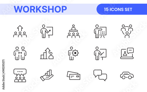 Set of Workshop and Coaching line icons. Outline icon collection related to training, coaching, mentoring, education, meetings, conferences, and teamwork.