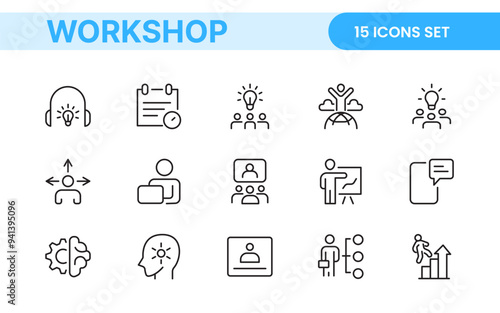 Set of Workshop and Coaching line icons. Outline icon collection related to training, coaching, mentoring, education, meetings, conferences, and teamwork.
