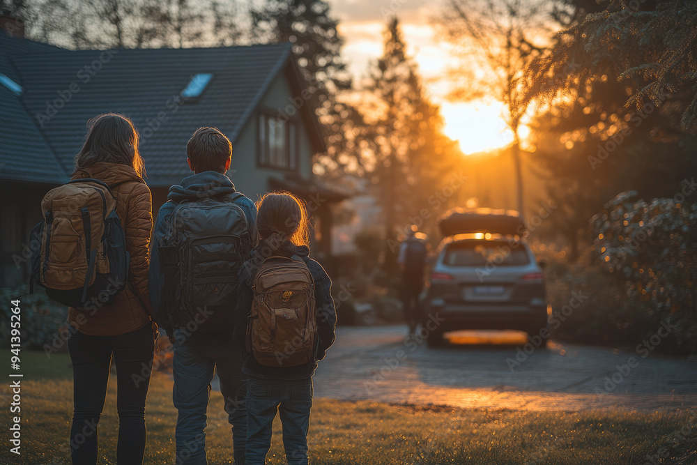 A family gathered around a car in the driveway, loading backpacks and briefcases, with the morning sun rising behind them, A family gathered around a car in the driveway, loading backpacks and briefcases, with the morning sun rising behind them,