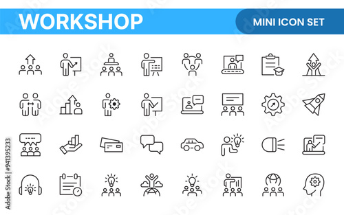 Set of Workshop and Coaching line icons. Outline icon collection related to training, coaching, mentoring, education, meetings, conferences, and teamwork.