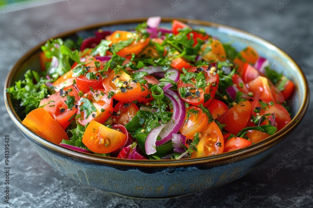 Fresh vegetable salad with cherry tomatoes, red onions, and herbs in a ceramic bowl. Healthy eating and culinary concept. Fresh vegetable salad with cherry tomatoes, red onions, and herbs in a ceramic bowl. Healthy eating and culinary concept.