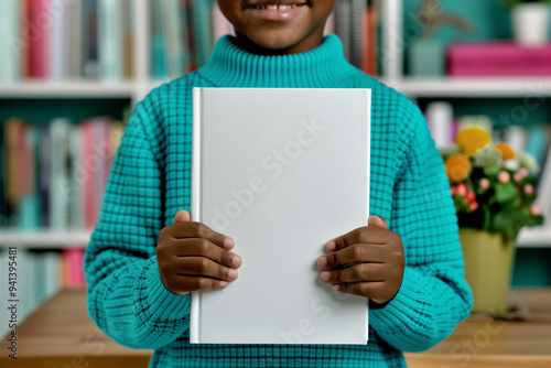An African American child in a teal sweater is holding a blank book in front of their chest with both hands. The background shows a blurred bookshelf. Mockup design empty space.