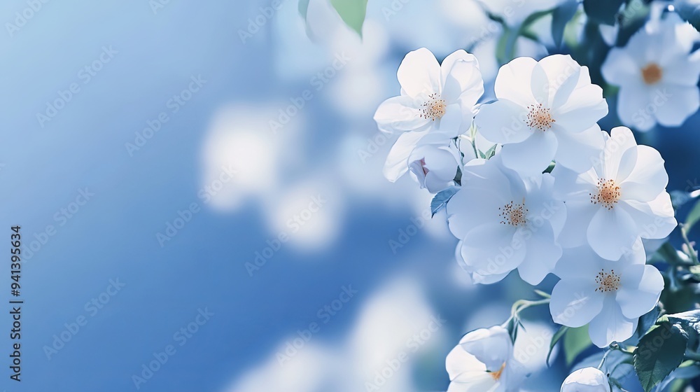Delicate white flowers with soft blue background. Delicate white flowers with soft blue background.