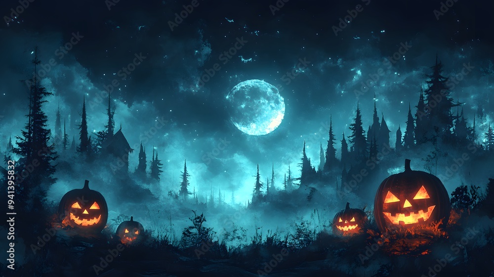 Whimsical Halloween landscape with a spooky forest, friendly creatures, and glowing jack-o'-lanterns, perfect for a fun and eerie social media background Whimsical Halloween landscape with a spooky forest, friendly creatures, and glowing jack-o'-lanterns, perfect for a fun and eerie social media background