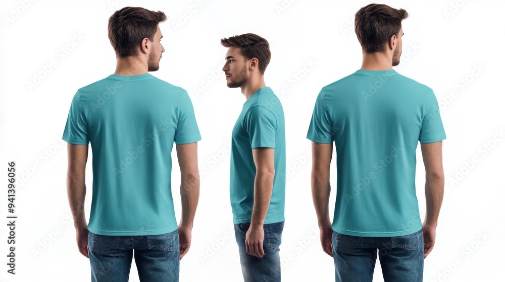 Back and Side View of Man Wearing Turquoise T-Shirt Generative AI Back and Side View of Man Wearing Turquoise T-Shirt Generative AI