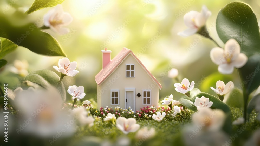 A charming miniature house surrounded by vibrant flowers, symbolizing tranquility and nature's beauty in a serene landscape. A charming miniature house surrounded by vibrant flowers, symbolizing tranquility and nature's beauty in a serene landscape.