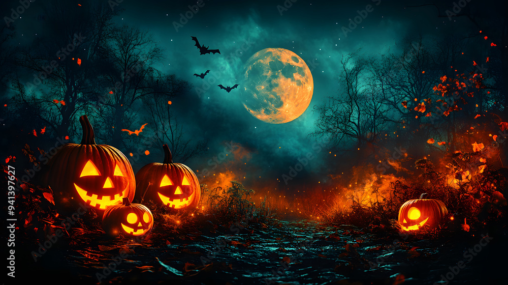 A spooky Halloween banner with jack-o-lanterns, eerie trees, and owls silhouetted against a glowing full moon, creating a dark and mysterious atmosphere. A spooky Halloween banner with jack-o-lanterns, eerie trees, and owls silhouetted against a glowing full moon, creating a dark and mysterious atmosphere.