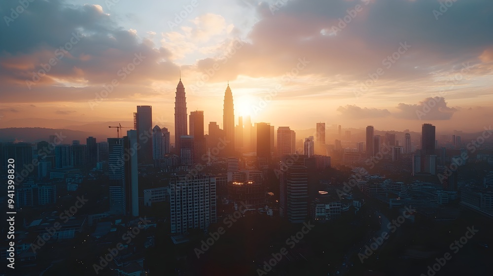 Obraz premium Breathtaking Drone Panorama of Glittering City Skyline at Sunrise