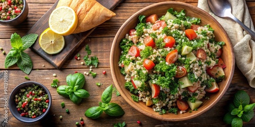 Traditional Lebanese salad of tabbouleh and fattoush from a top view , Lebanese, salad, top view, tabbouleh, fattoush photo