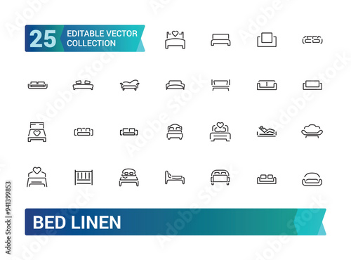 Set of bed linen Icons. Collection and pack of linear web and ui icons. Editable stroke. Vector illustration.
