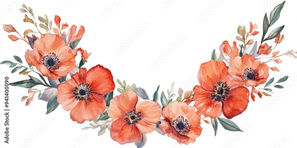 Fototapeta premium Watercolor illustration of a floral wreath featuring red blooms